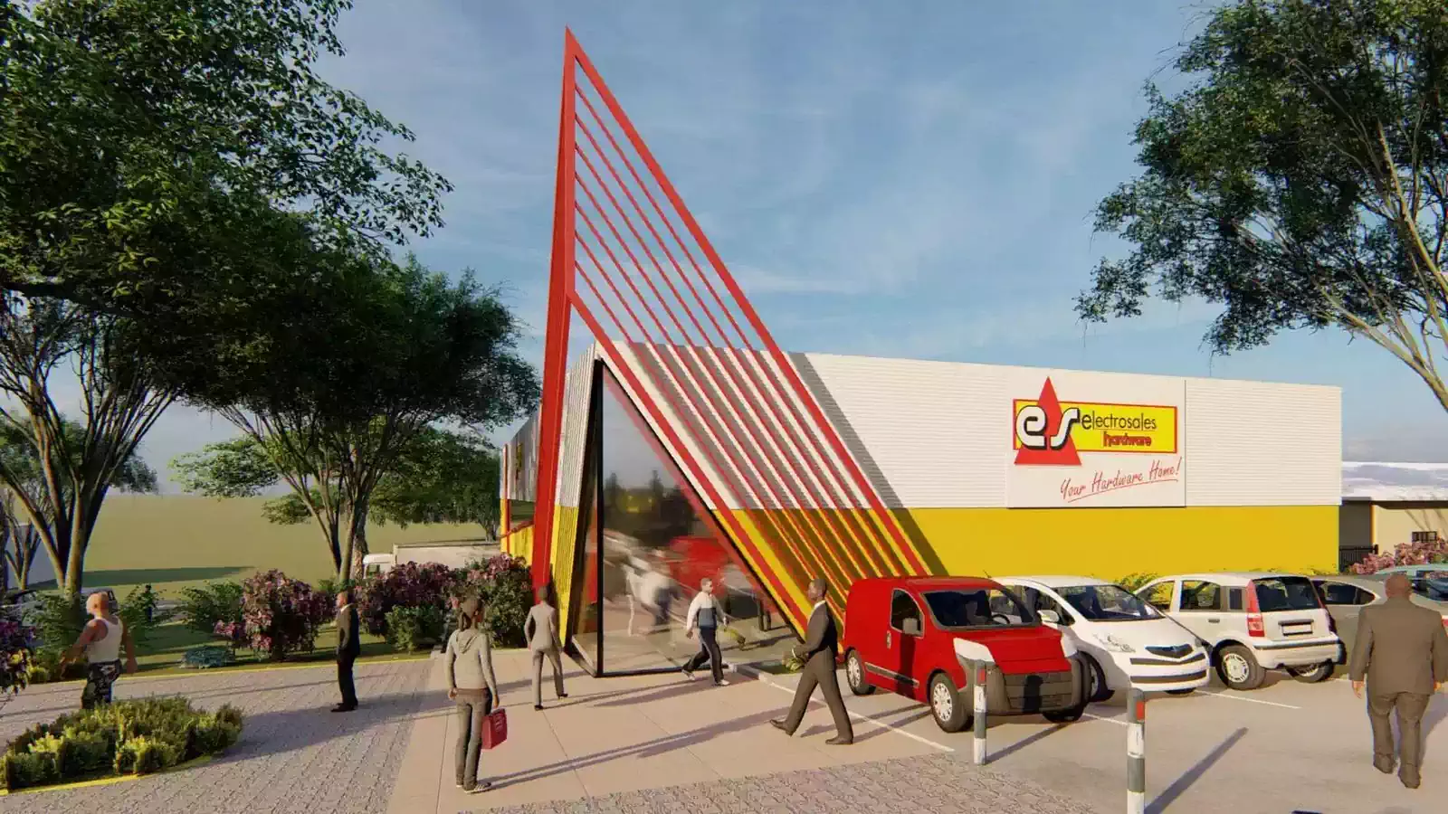 Distinctive Electrosales branded warehouse shop with metal red structure designed by Harare architect