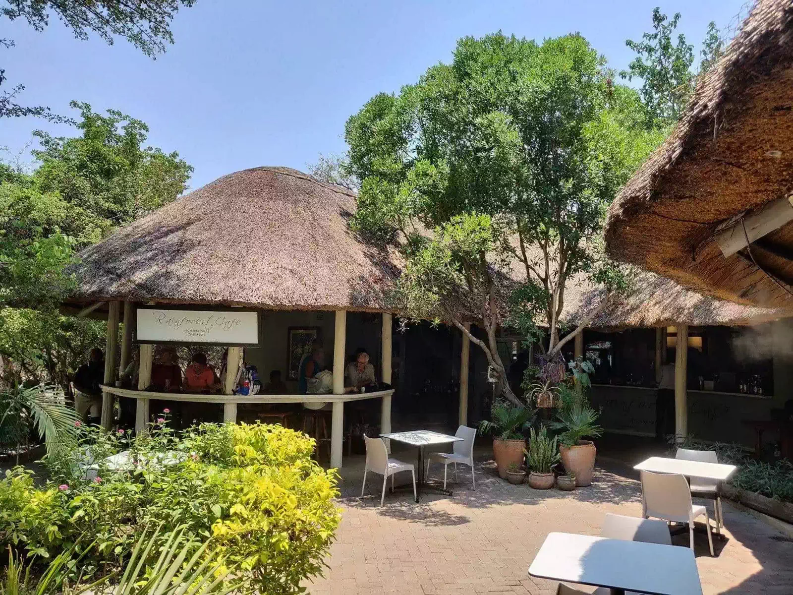 Thatched restaurant in Victoria Falls waterfall heritage site