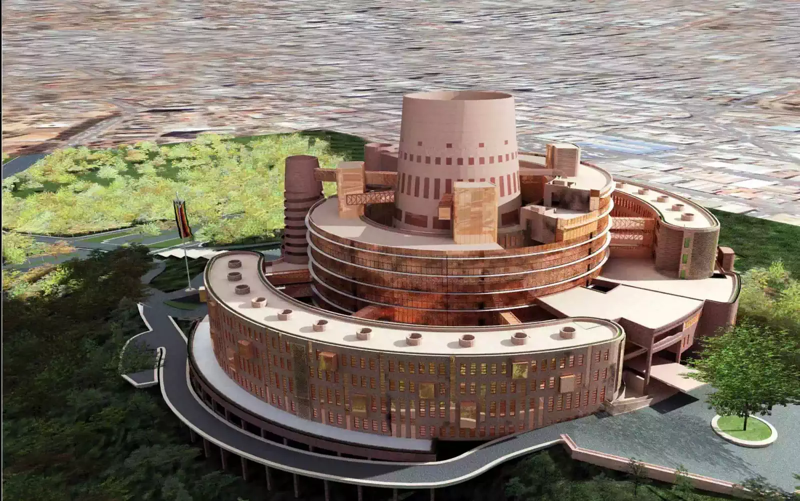 Aerial view of new parliament design by pantic architects with conical forms inspired by Great Zimbabwe ruins