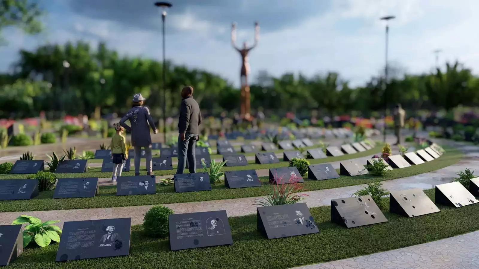 Walkways along rows of ceremonial plaques in greatest memorial park in Harare
