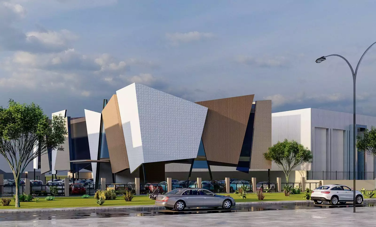 Corner view of institutional building comprised of 16 different panels as member states