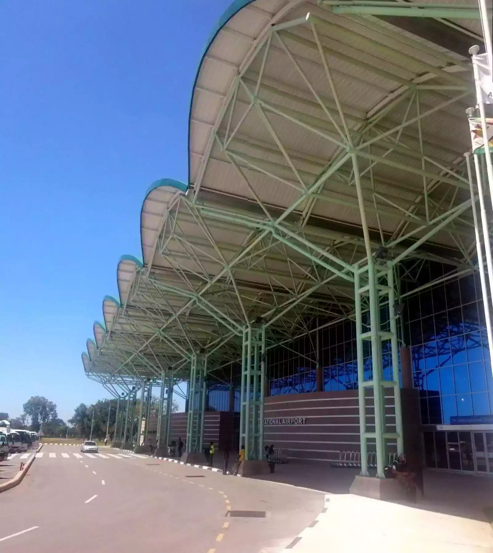 Elaborate steel structure carrying entrance canopy to VicFalls aiport