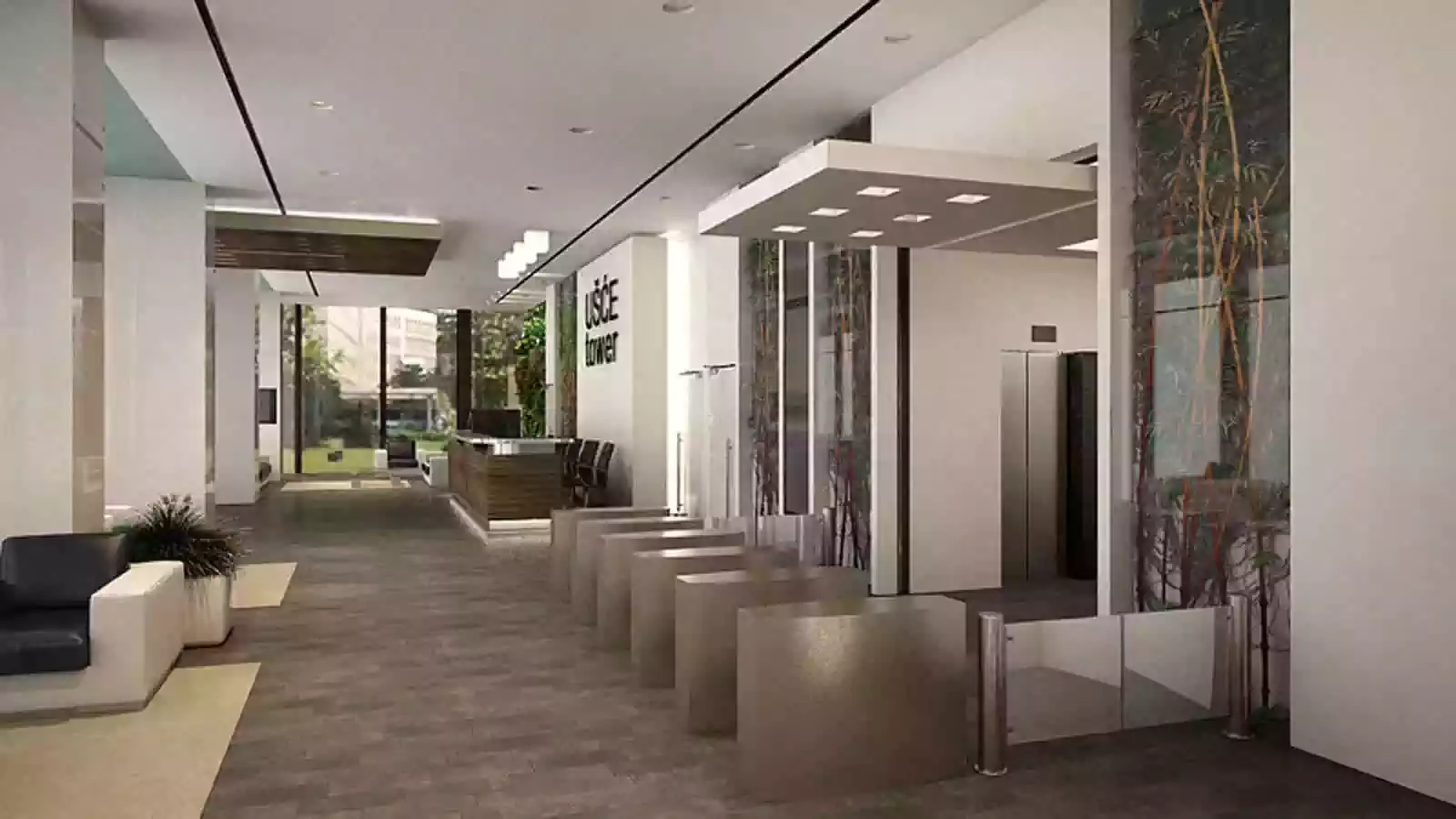 Minimalist modern office tower lobby reception interior design project. Turnstyles and vegetaion next to sofas
