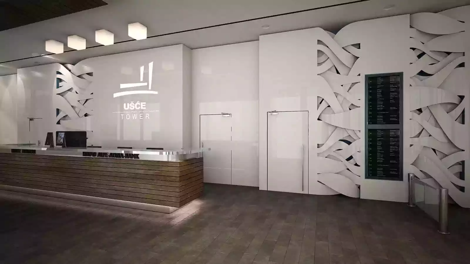 Organic interior design project proposal for reception lobby wall and desk made of a solid surface material like Corian