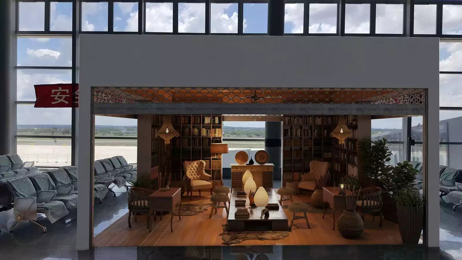 Vintage shop in modern airport hall. Antique furniture in retail unit open on 4 sides