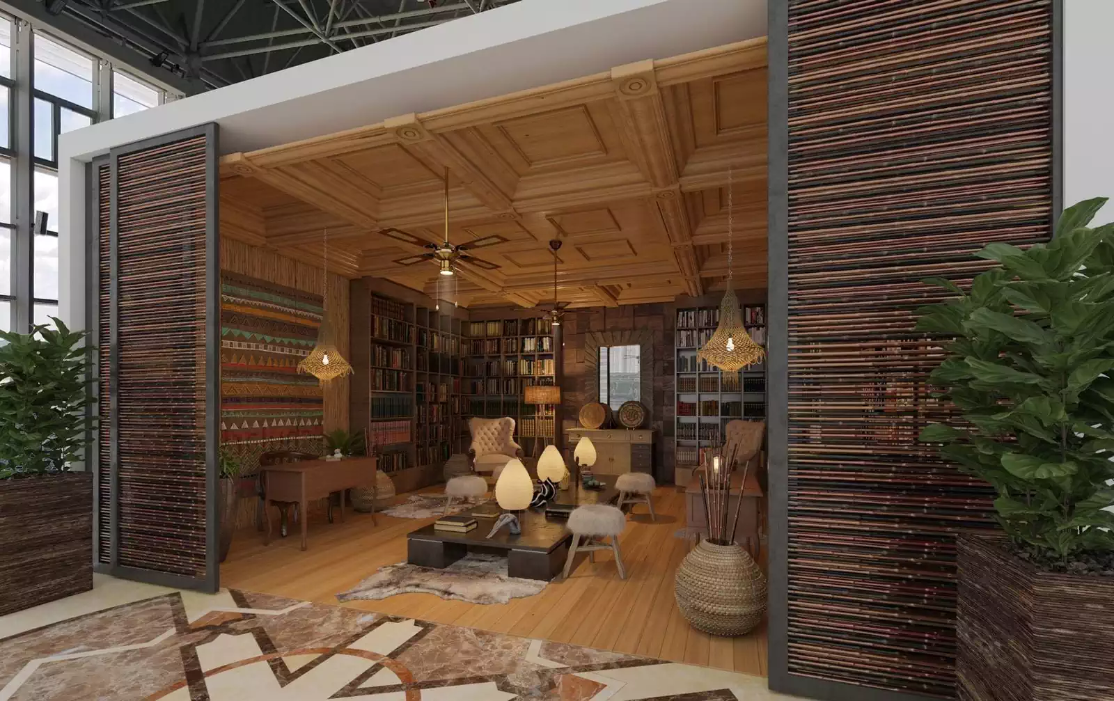 Huge sliding doors with wooden louvres to antique shop with colonial furniture. Interior design by Zimbabwean architect