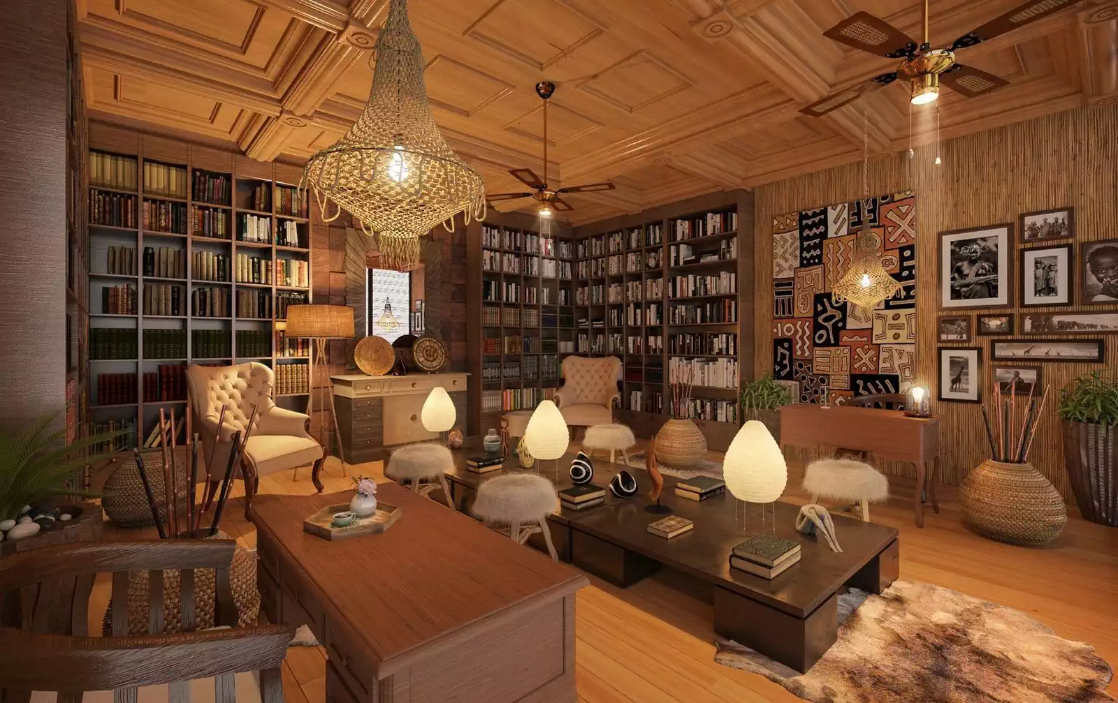 interior of antique shop with vintage mood. Large bookcase and natural materials. Interior designer Pantic Architects