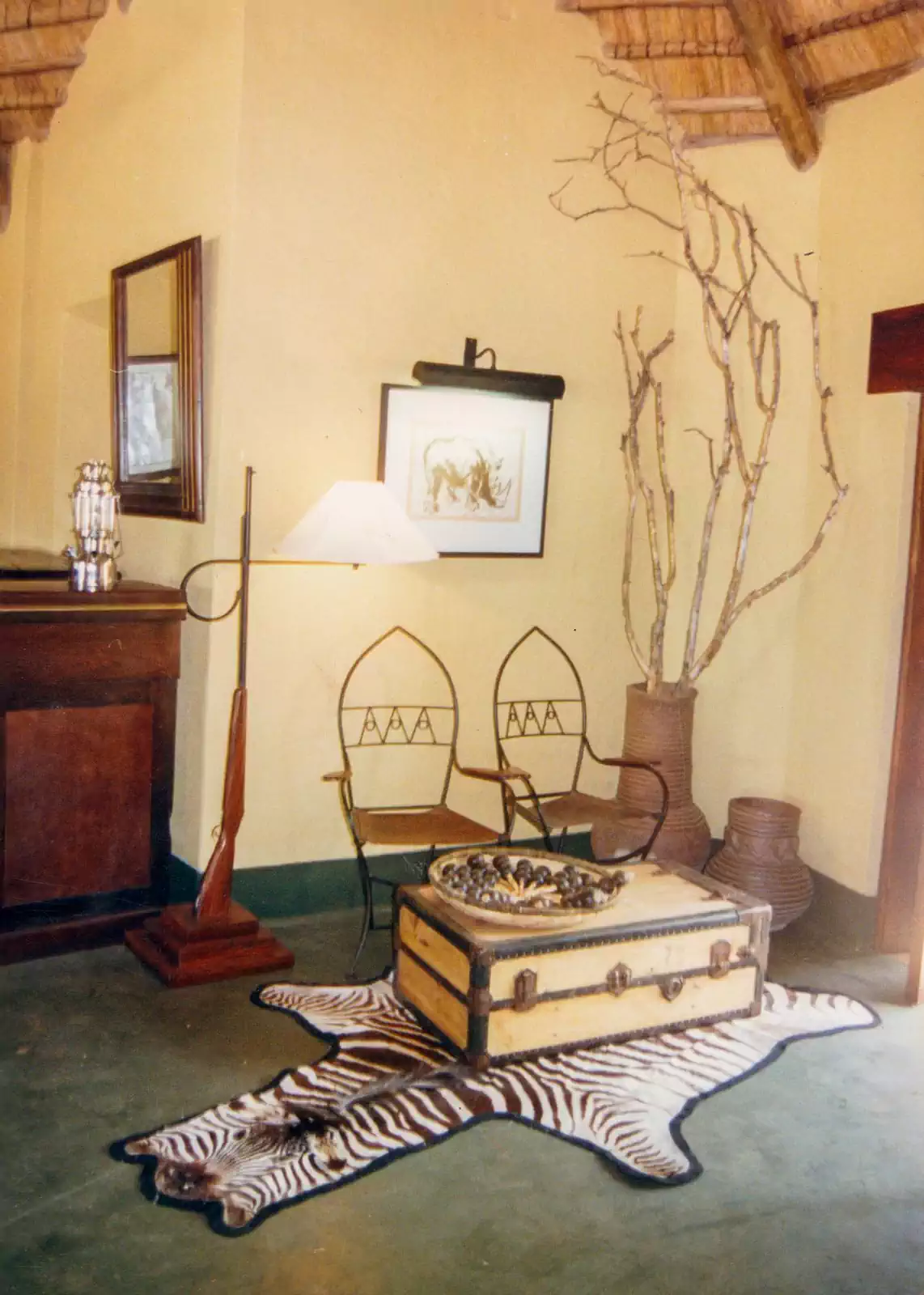 Colonial interior design and vintage furniture in lodge interior by local architect