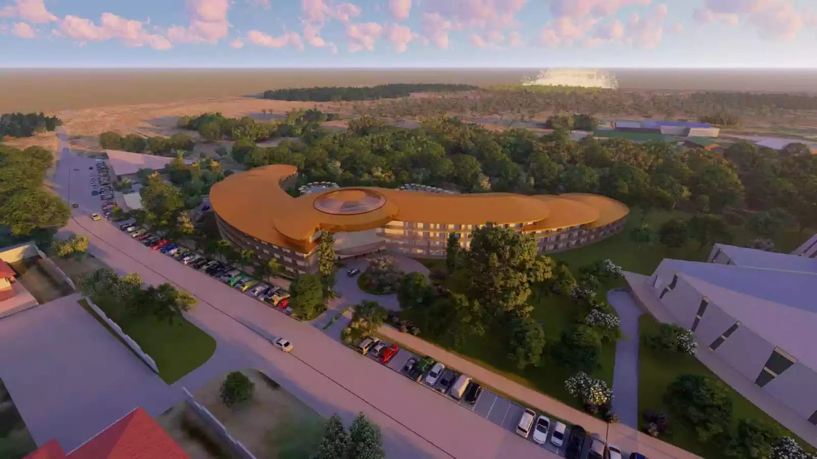 Curved sloping luxurious 250 room hotel immersed in trees in tourist resort designed by Harare architect