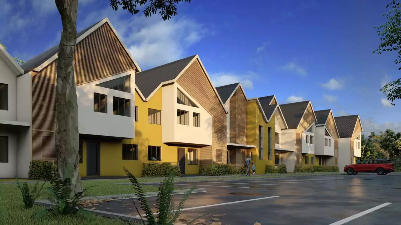 Modern townhome designs. Duplex houses in a row, wood cladding and triangular windows