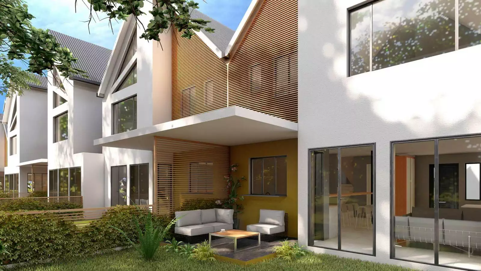 Duplex house detail of covered veranda under slab. Wooden brise-soleils providing shade in modern designs