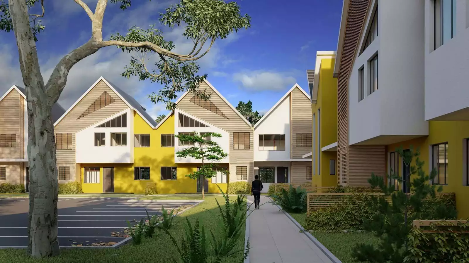 Bright colours on external facade and triangular shapes provide modern design