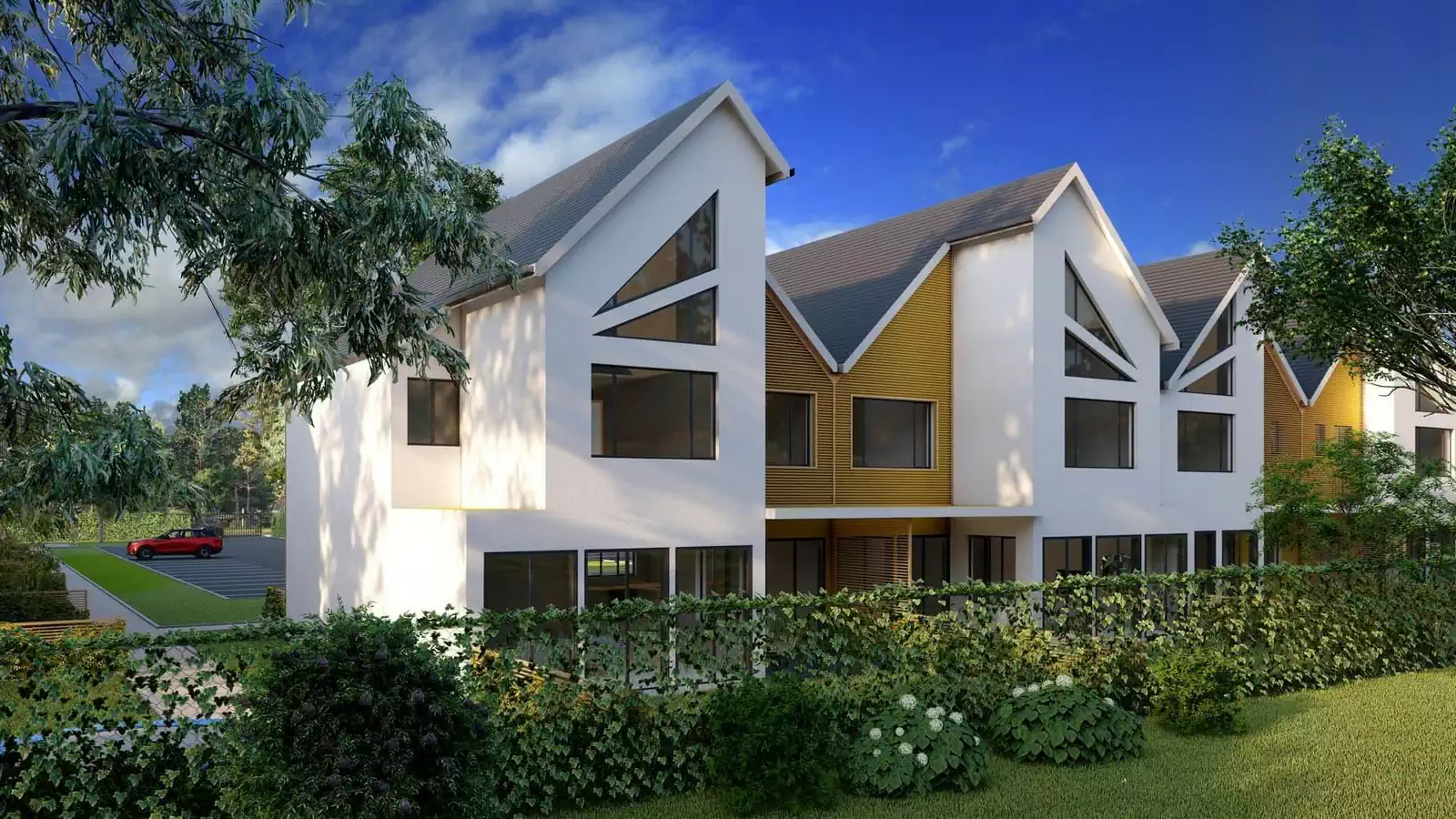 Recessed building architecture provides depth effect to housing design