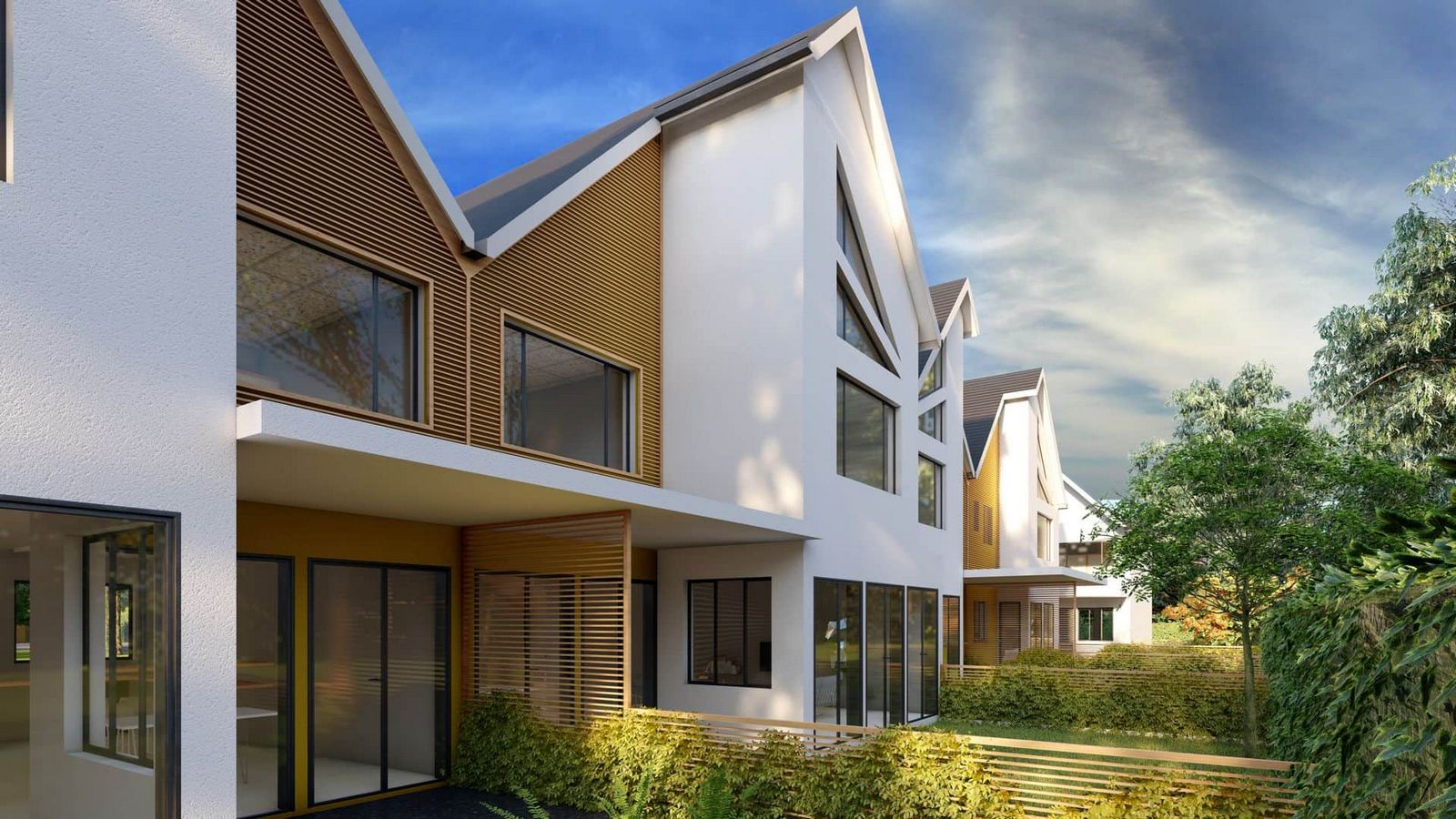 Yards divided by creepers and horizontal wooden elements providing contact with natural elements by townhome architect