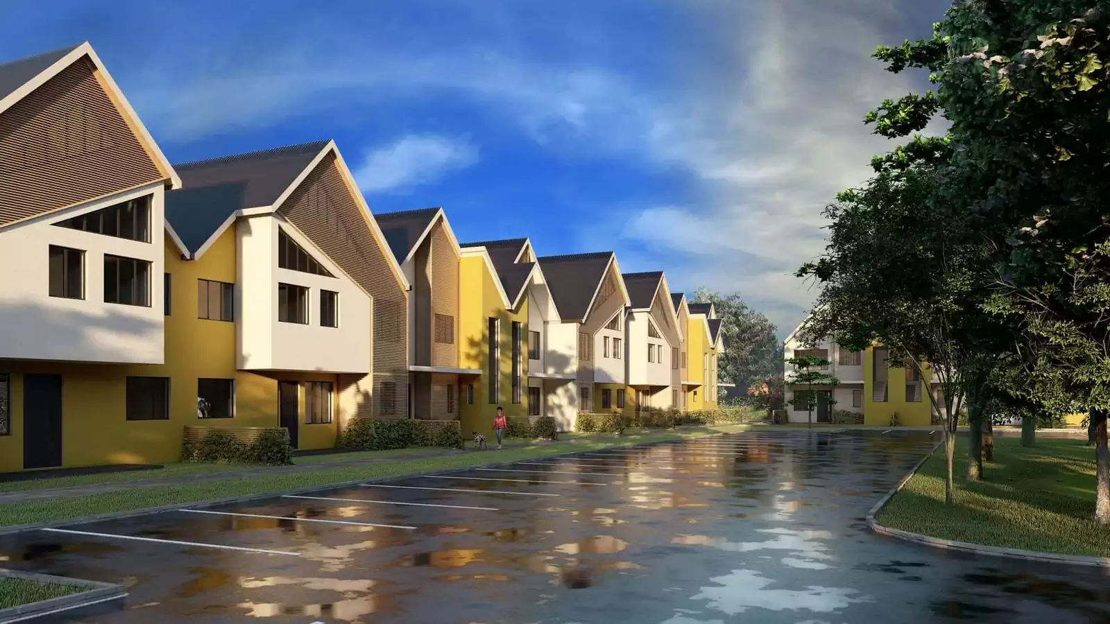 Alternating residential designs for 3 and 2 bedroom units in brightly coloured housing complex in Harare