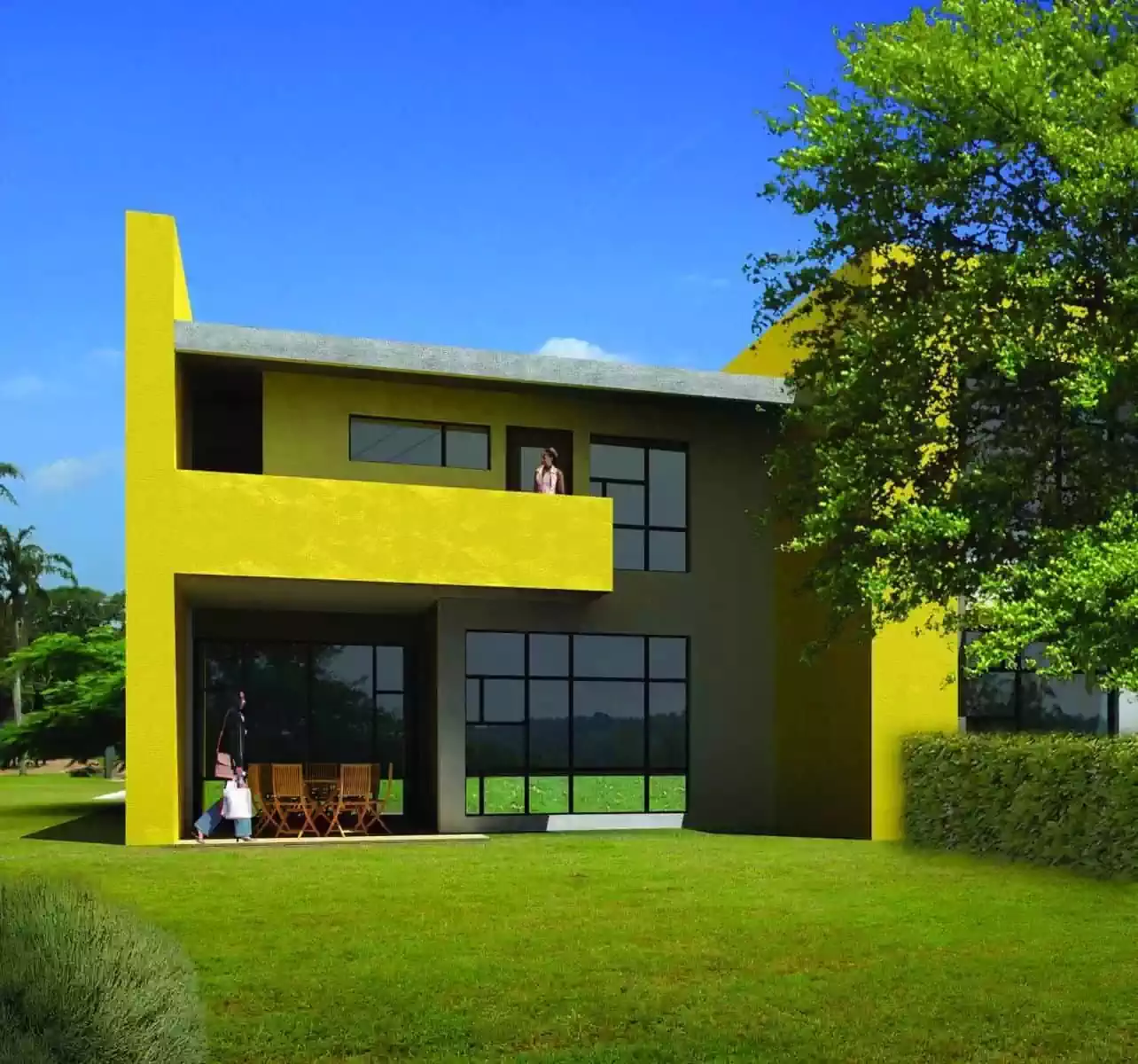 Backyard and veranda of modern cluster house. Brightly coloured overhanging balcony by architect from harare