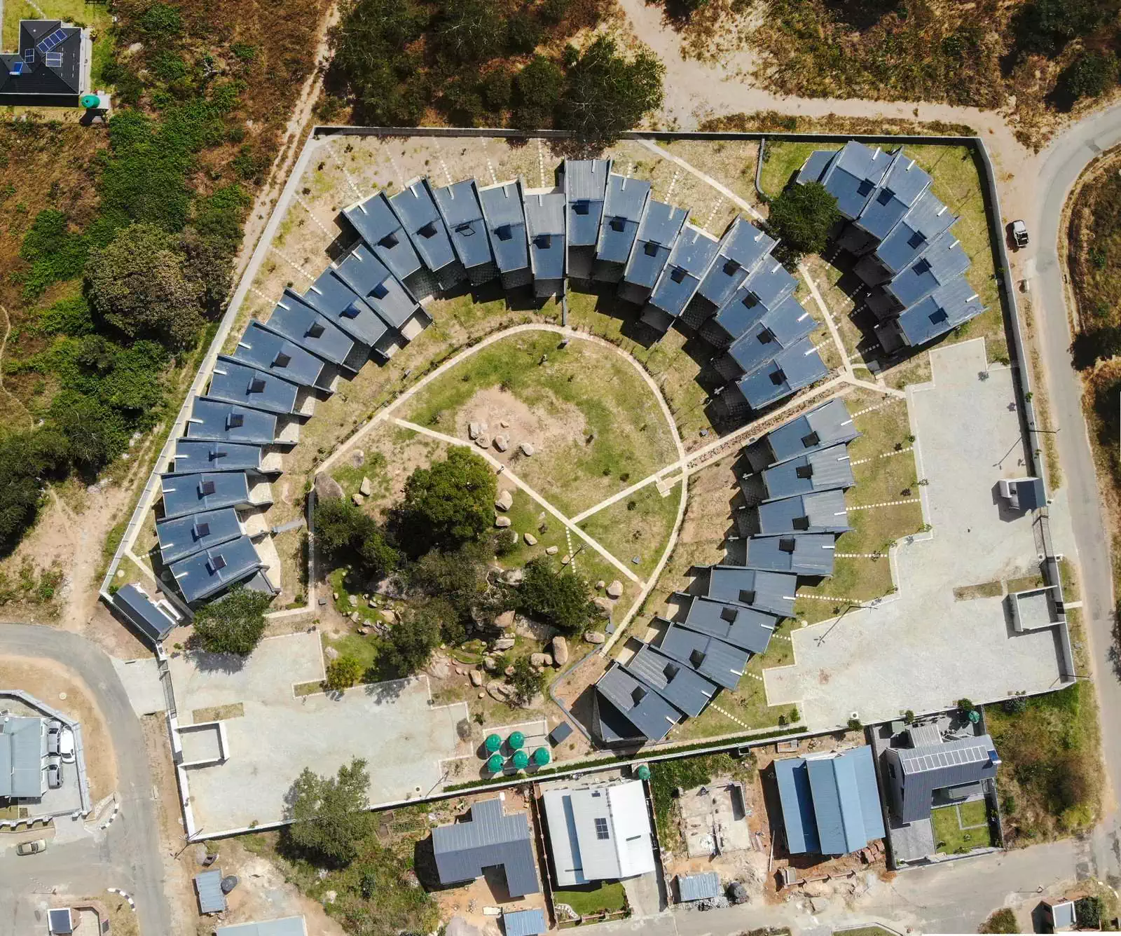 Cluster housing development seen from air by local architect
