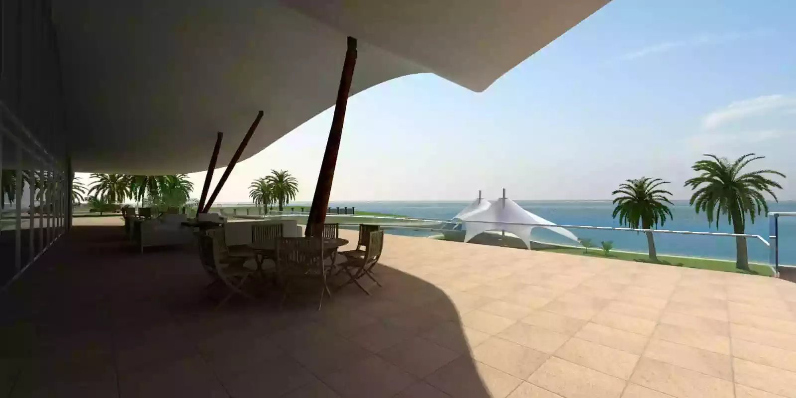 Enormous veranda overlooking the ocean in luxurious beach mansion in Dubai. design by Pantic Architects