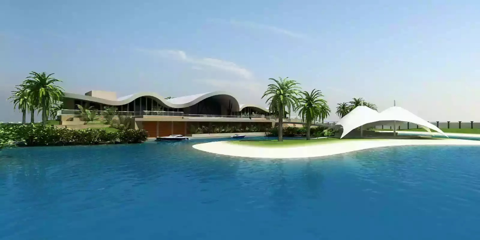 Beach villa with undulating roof and tensile structure on island. Large overhangs shade veranda overlooking ocean