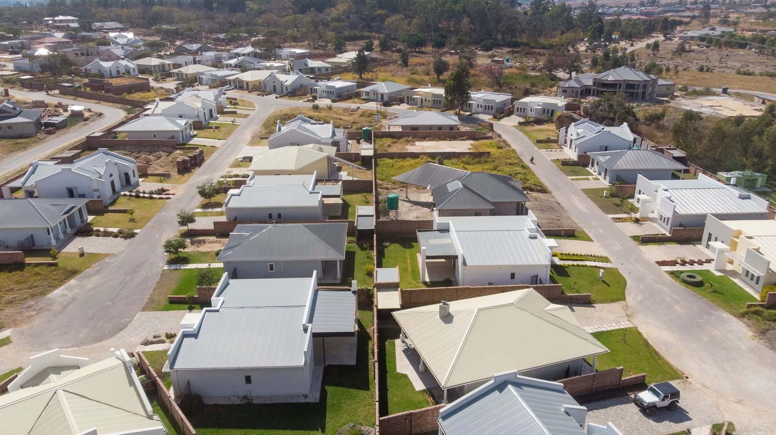 Aerial view of different house styles in cluster house development in Arlington Harare