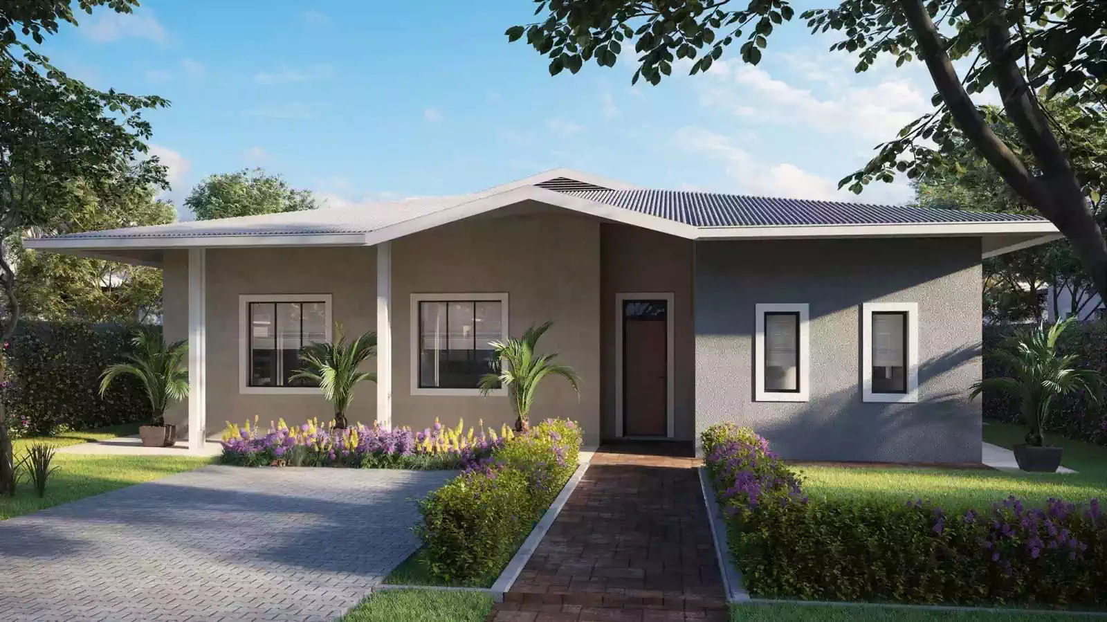 Contemporary modern zimbabawean house with louvres in roof and wooden columns. Walkway to covered porch and large windows in housing complex Victoria Falls Estate