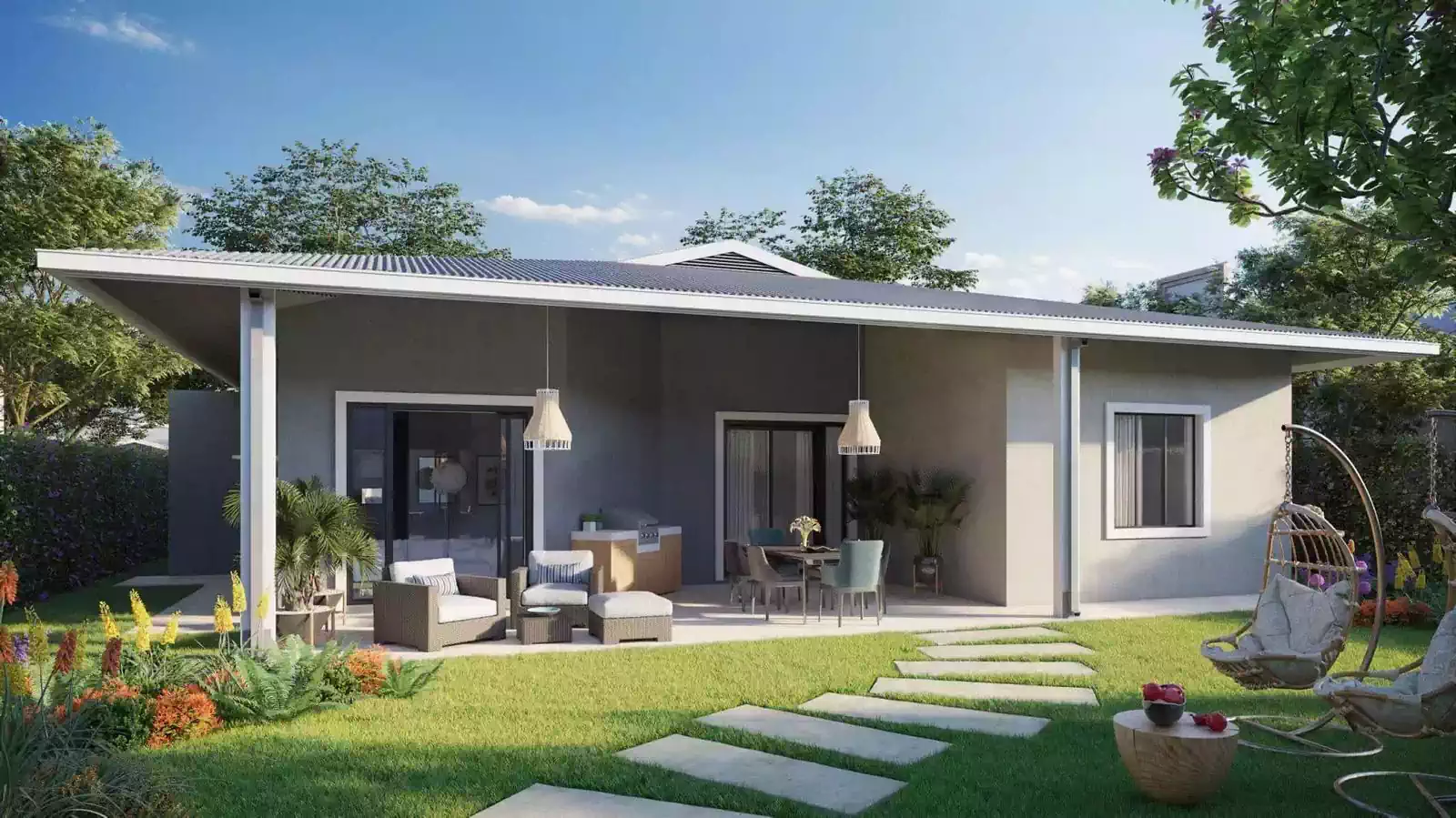Luxury fully shaded veranda overlooking back garden. Spacious area for dining and cooking in modern house design by architectural firm