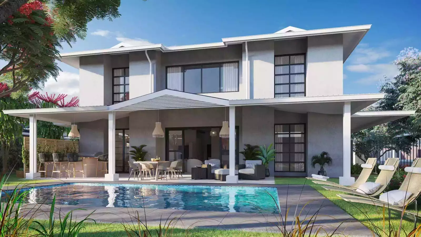 Stunning pool and veranda of double story luxurious modern house in Victoria Falls Estate by Harare based architect