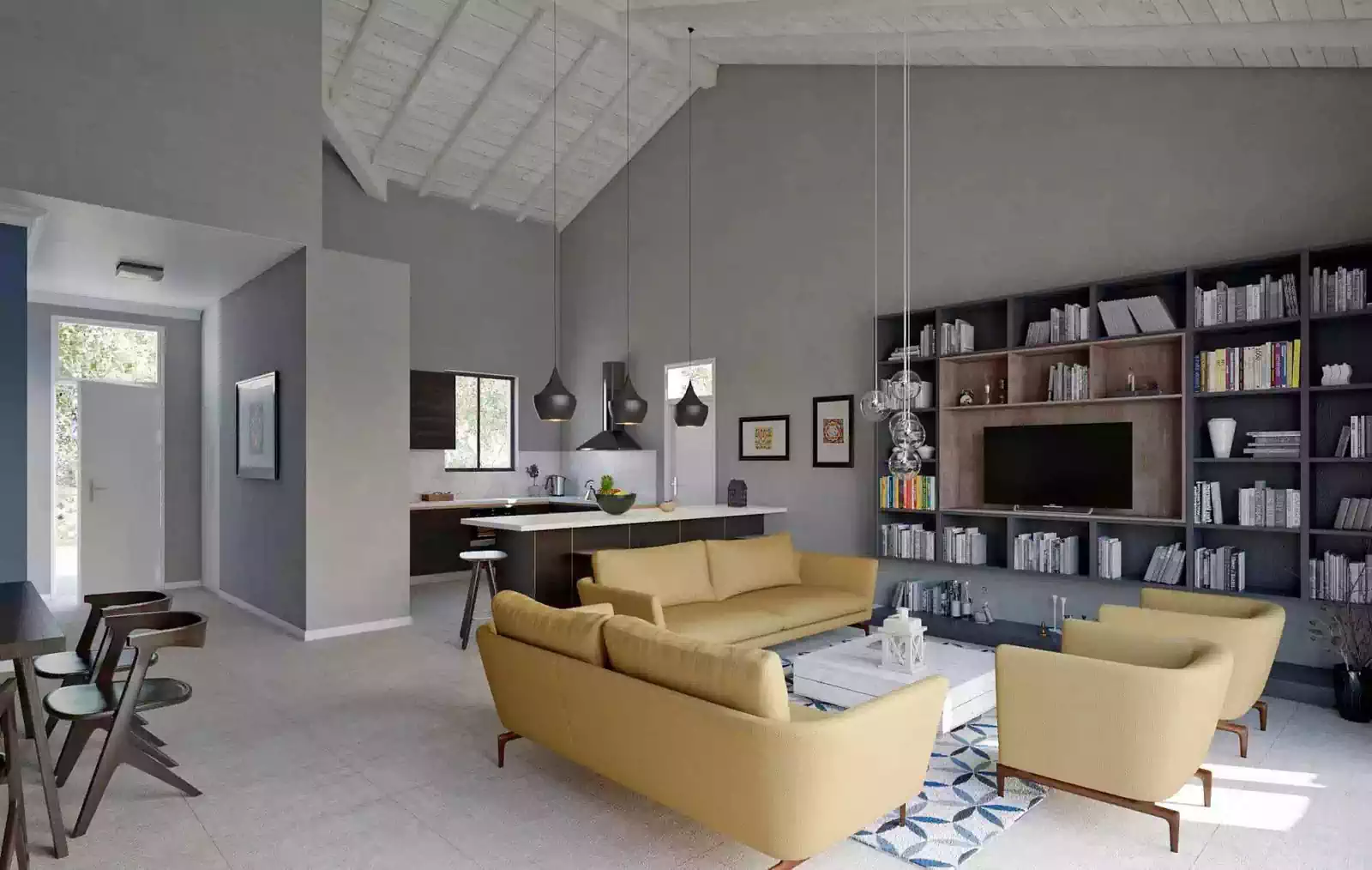 Spectacular double volume open plan living area in cape dutch styled house. Monochromatic decorations with yellow furniture. White rafters and tongue and groove wooden cladding
