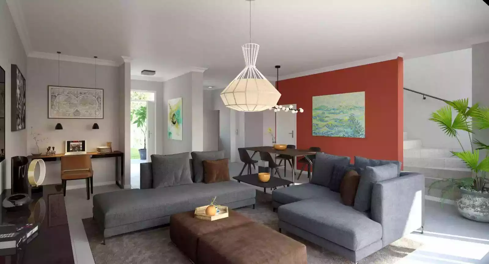 Modern open plan living and dining room of townhouse. Luxurious feel and staircase leading upstairs. Terracotta coloured wall with grey furniture. Interior design by Pantic Architects