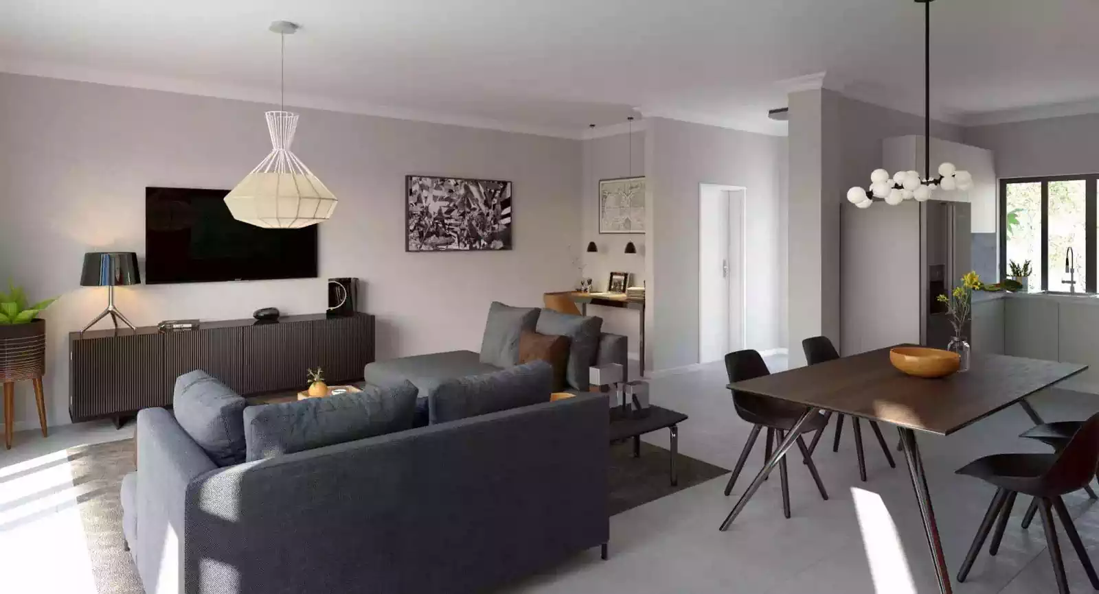 Modern open plan living and dining room of townhouse. Stylish furnishing and minimalist furniture in Victoria Falls residential development