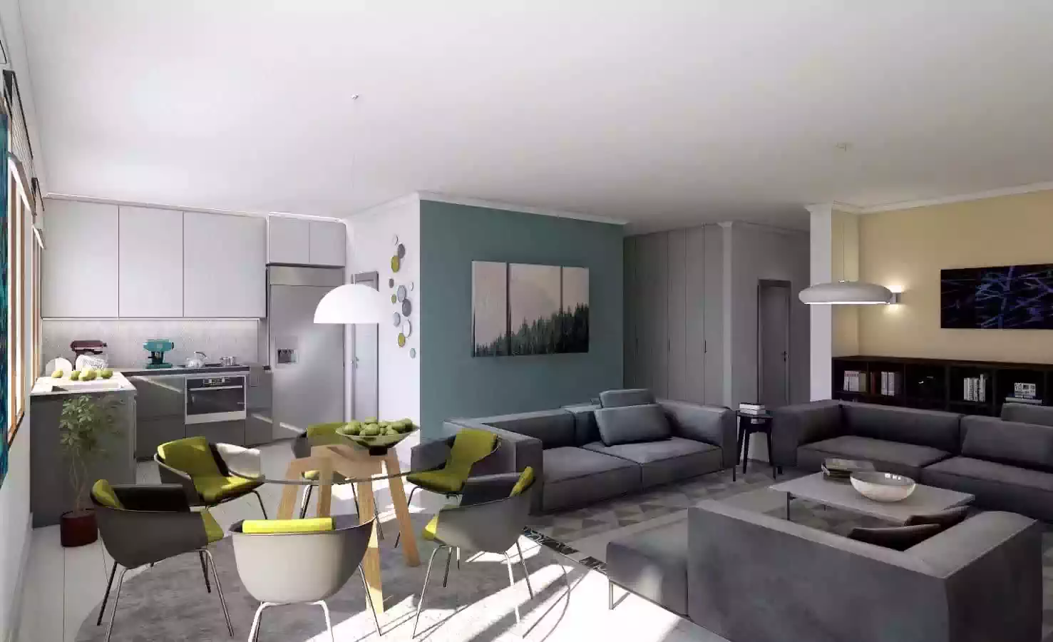 Open plan townhouse apartment with living, dining and kitchen in one space. Pastel colours and greys give a modern feel