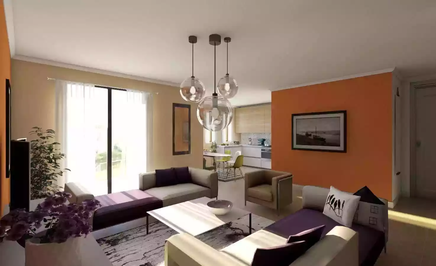 Open plan garden flat layout with large door leading to garden and kitchen slightly separated by nook. Orange walls and purple furniture