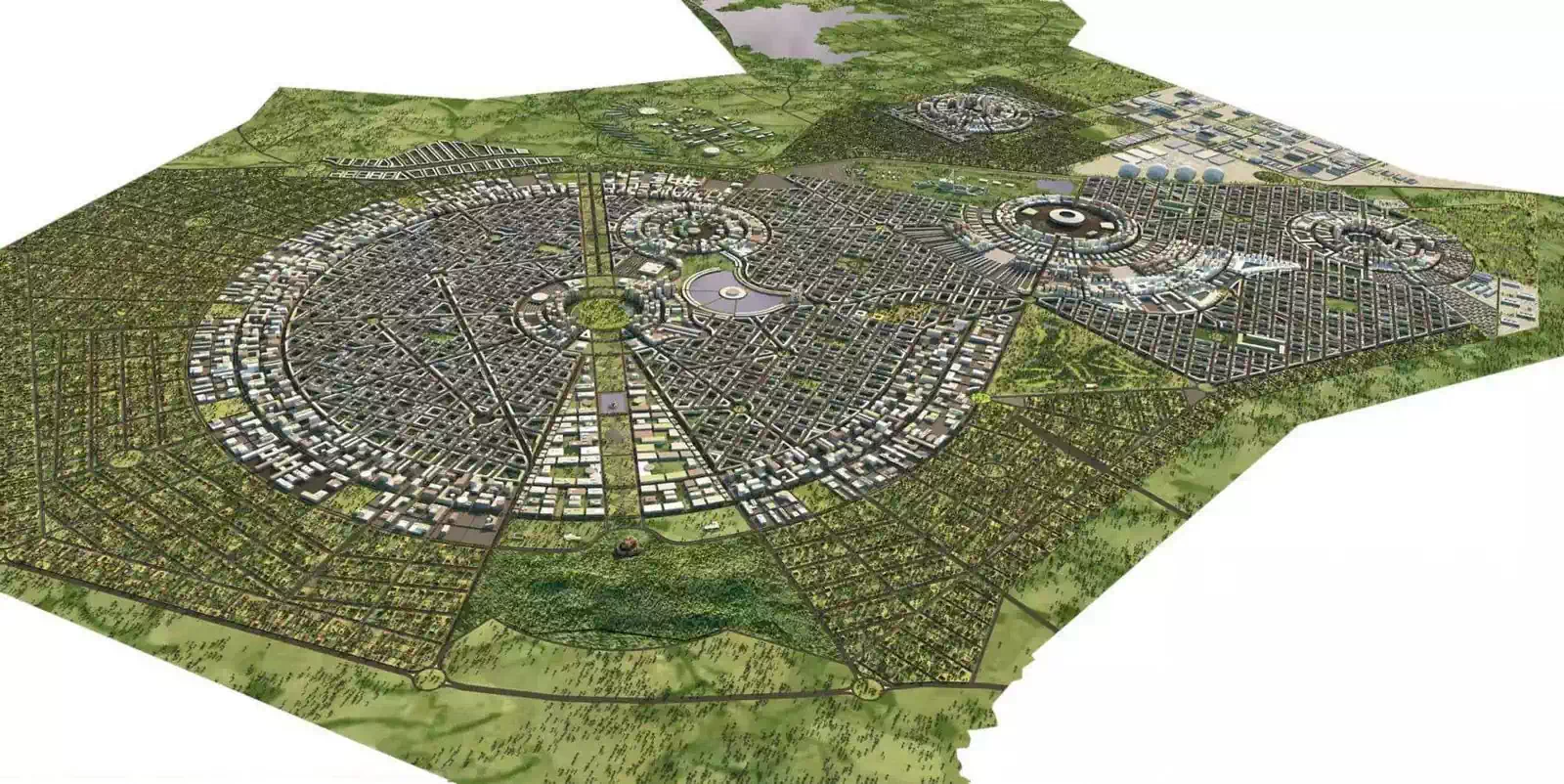 Aerial rendering new city 3d model urban design and town planning