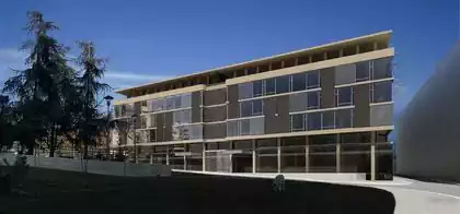 Architectural competition project entry for office design in centre showing modern glass office building
