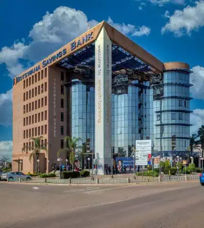Corporate headquarters glass office building of Botswana Savings Bank in Gaborone. Bank and office designs by Pantic Architects