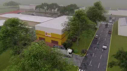 Distinctive Electrosales branded warehouse shop with metal red structure designed by Harare architect