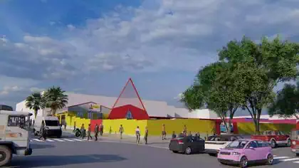 Distinctive Electrosales branded warehouse shop with metal red structure designed by Harare architect