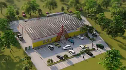 Distinctive Electrosales branded warehouse shop with metal red structure designed by Harare architect