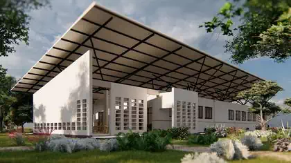 Close up view of restaurant building with canteen with perforated walls to allow natural ventilation