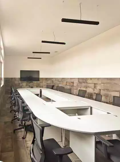 Front view of central office buildings showing decorative canopies as part of green design