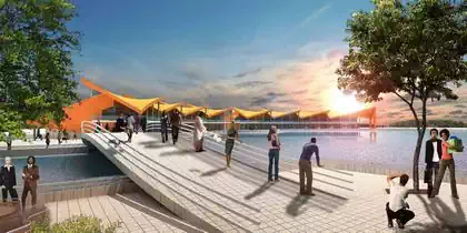 People on walkway between lake and commercial centre La Cite du Fleuve in Kinshasa