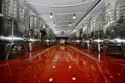 Large steel wine fermentation tanks on red epoxy floor in modern winery in Serbia