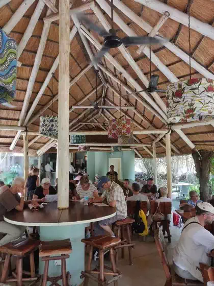 Customers eating in airy thatched restaurant in Victoria Falls