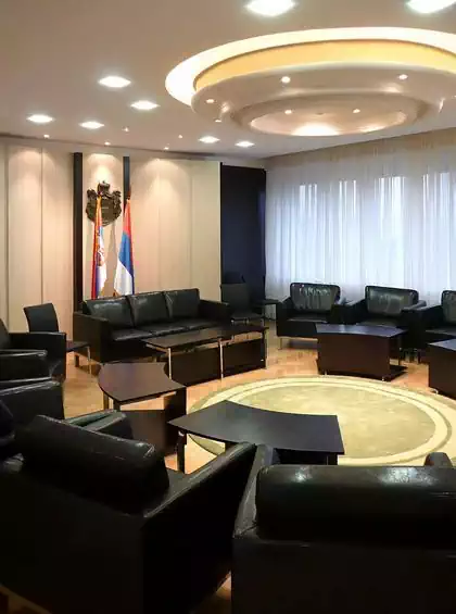 Circular reception room with chairs and tables in Serbian National Assembly