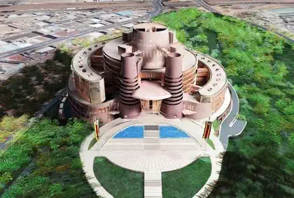 Aerial view of new parliament design by pantic architects with conical forms inspired by Great Zimbabwe ruins