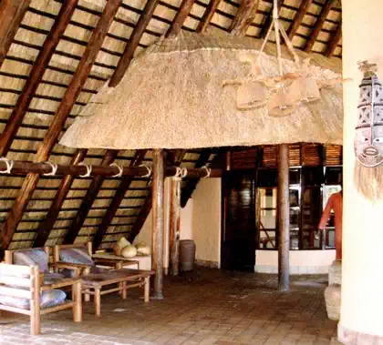 Wooden gumpole internal structure carrying thatched roof. Earthy and organic interior design by Harare based architect 