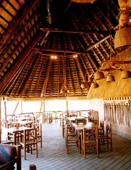 Large thatched roof lodge main building by local architect