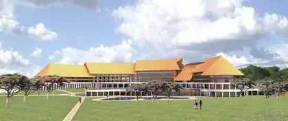 Large five star hotel project by Harare airport showing thatched overlapping roofs 
