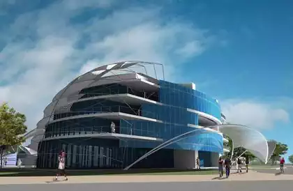 Groovy round spherical hotel apartment building with curved glass walls and semi-transparent cloth shade