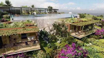 Modern hotel overlooking lake Kariba with infinity pool and private chalets and outdoor showers. Architect design from Zimbabwe